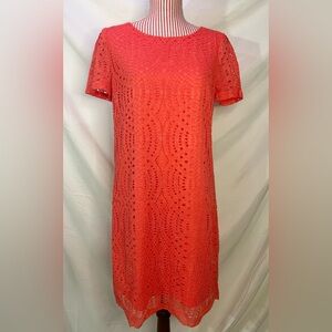 J Crew Orange Coral Eyelet Lace Sleeveless Shift Mini Dress Summer Size 6 Small